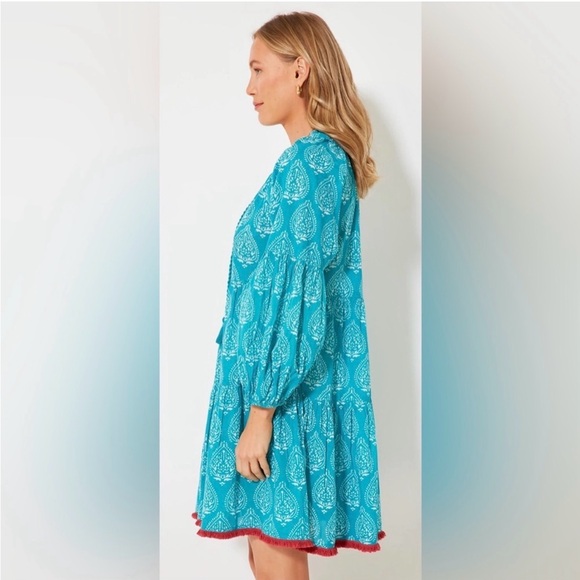 Tuckernuck Tropical Teal Lantern Block Print Tie Neck Dress - Picture 2 of 7